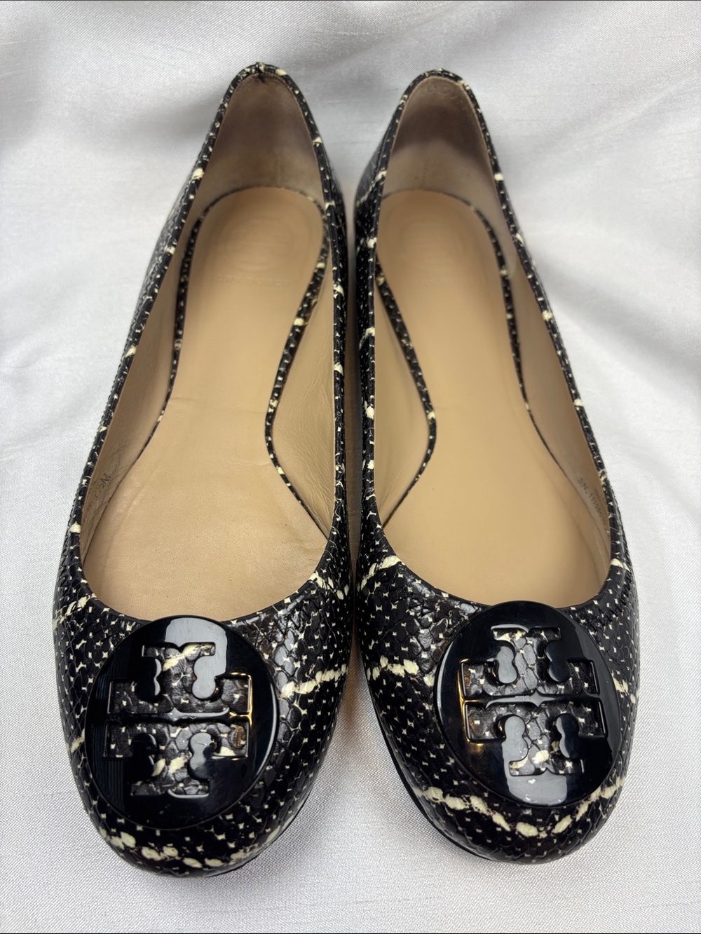 Tory Burch Black and Cream Patterned Women's Ballet Flats with Logo Accent